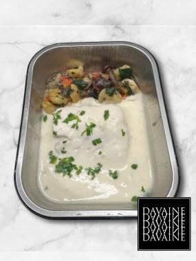 Dos de cabillaud nacré au lait de coco et curry jaune, bouquet de légumes croquants 