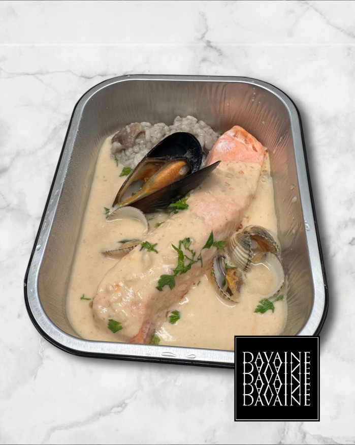 saumon rose au champagne, champignons et asperges vertes 