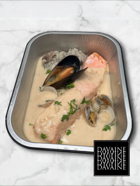 saumon rose au champagne, champignons et asperges vertes 