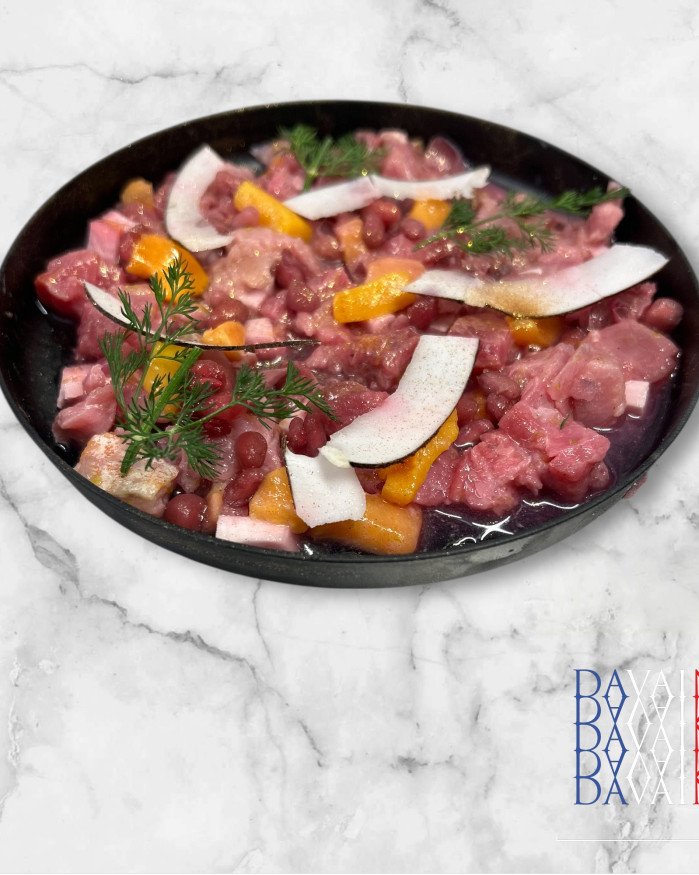 Ceviché de rouget coco, mangues, grenades 