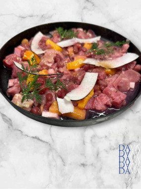 Ceviché de rouget coco, mangues, grenades 