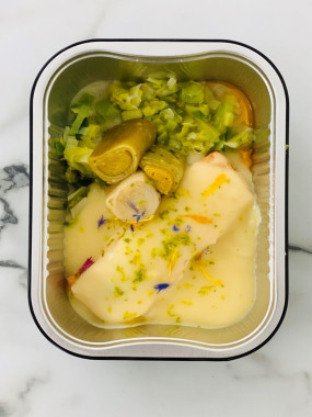 Pavé de saumon rose poché, coulis de crustacés et coquillages, risotto truffé